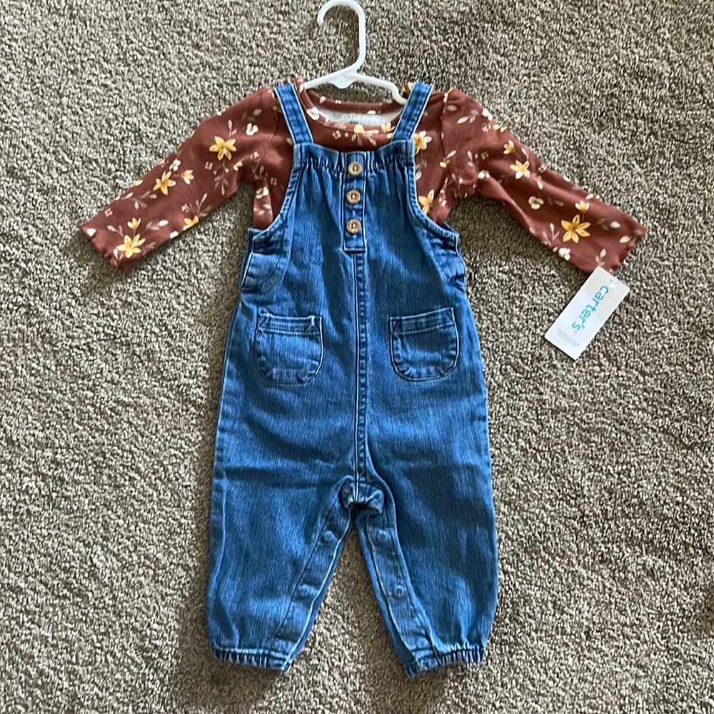 Jean bib overalls with long sleeve bodysuit